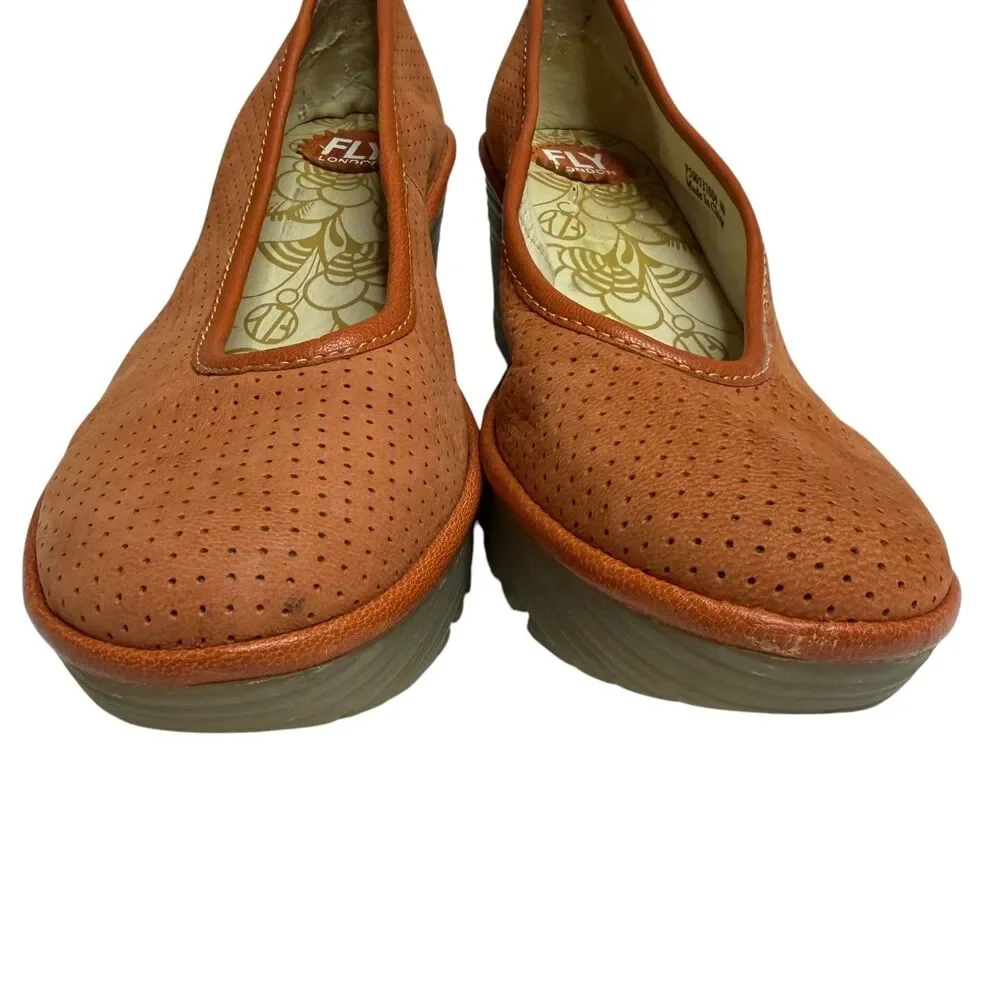 Fly London Leather Wedge Shoe Pump Slip On Women Orange 40 US 10